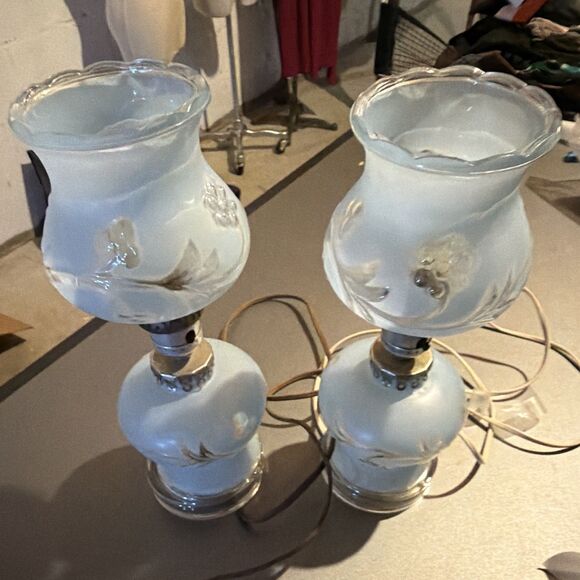 Unbranded Other - Vintage Pair White Frosted Glass Table Lamps w/ Embossed Floral Glass Shades